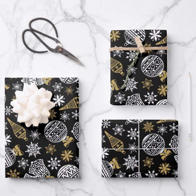 Elegante papel de envolver a Navidades blancos y n (Anverso)