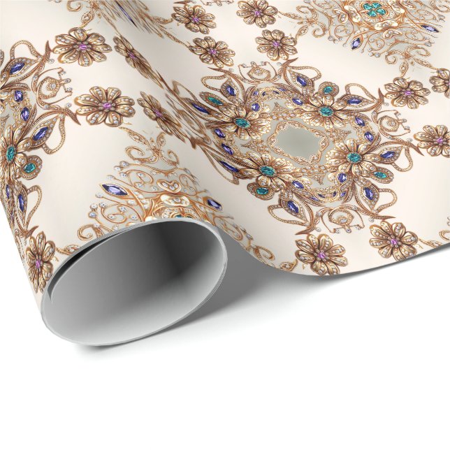 Elegante Papel de envolver flores de joyas de oro (Esquina del rollo)