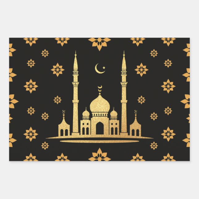 Elegante Papel de envolvimiento Eid - Negro y Oro (Anverso 3)