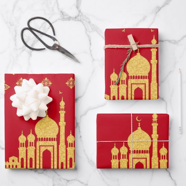 Elegante Papel de envolvimiento Eid - Rojo y Oro (Anverso)
