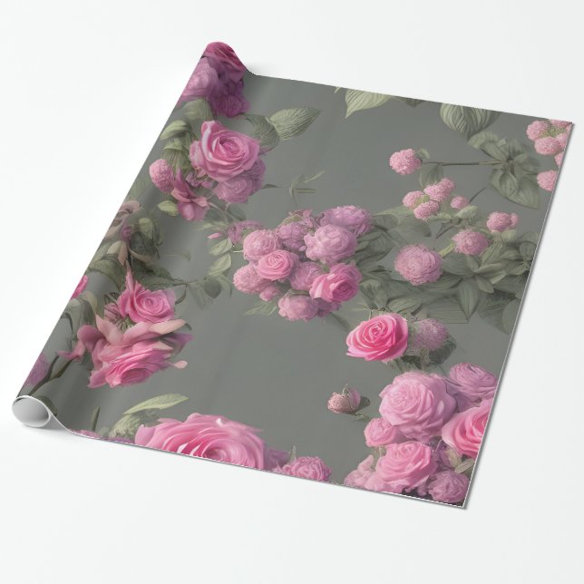 Elegante papel de envolvimiento floral de rosas ro (Desenrollado)