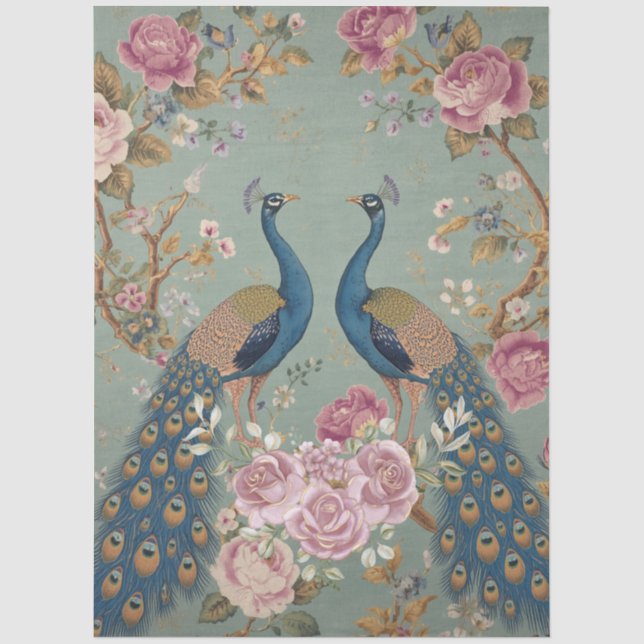 Elegante papel de seda decoupage de dos pavos real (Anverso)