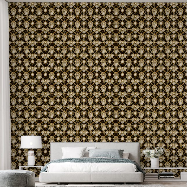 Elegante papel pintado con patrón de celosía geomé (Dormitorio)
