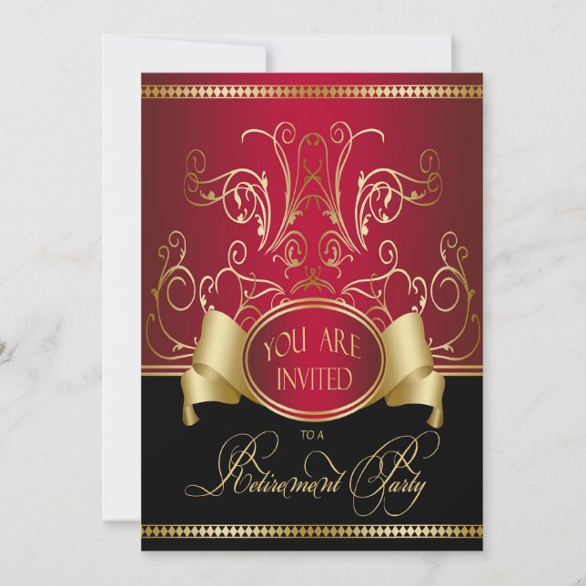 Elegante Partido de Jubilación Invitación Red Gold (Anverso)