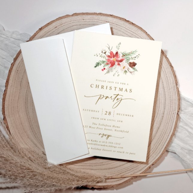 Elegante Partido de Navidades Boho Invitación a Cr (Boho Christmas party invitations - elegant cream poinsettia)