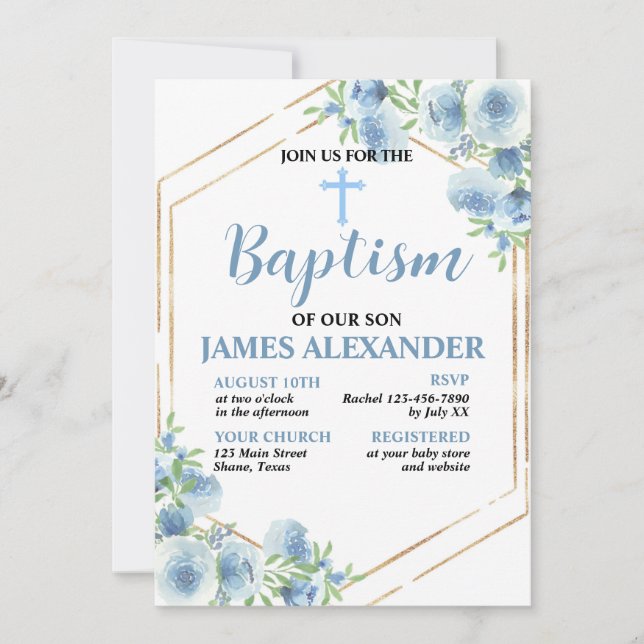 Elegante Pastel Blue Floral Baptism Invitación (Anverso)