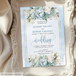 Elegante Pastel Blue White Gold Peonies Invitación