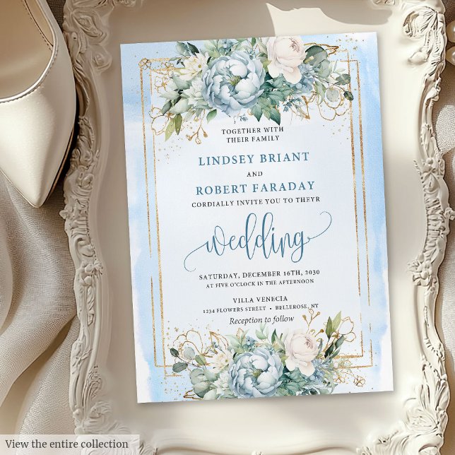 Elegante Pastel Blue White Gold Peonies Invitación (Elegant Pastel Blue White Gold Peonies Invitation)