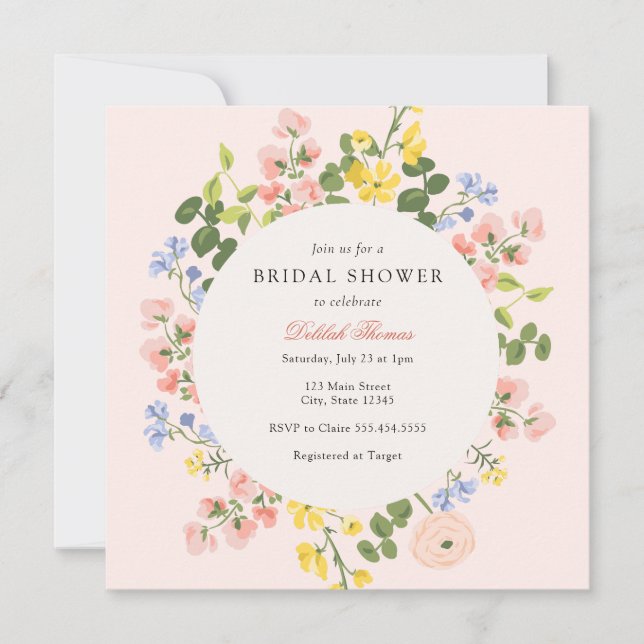 Elegante Pastel Floral Bridal Ducha Invitación (Anverso)