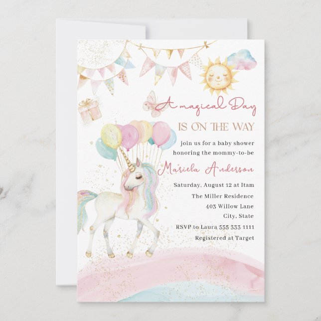 Elegante Pastel Gold Unicornio Invitación a acuare (Anverso)