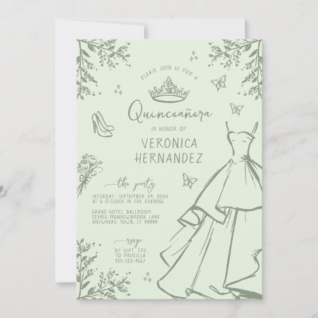 Elegante Pastel Green Sage Quinceanera Invitación (Anverso)