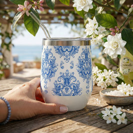 Elegante patrón damasco mediterráneo azul y blanco