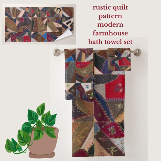 Elegante patrón de colcha loca de patchwork rústic (Add rustic elegance to your bathroom with this vintage patchwork quilt pattern bath towel set!)