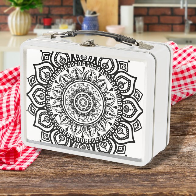Elegante patrón de manala de floración negra étnic ( Discover our unique metal lunch boxes - featuring outstanding ethnic, mandala-inspired artwork )