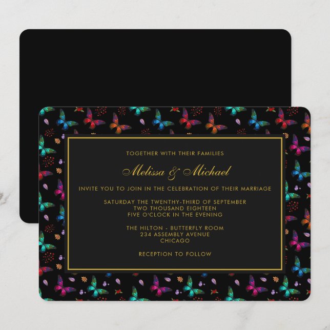Elegante patrón de mariposa en invitación de boda  (Anverso / Reverso)