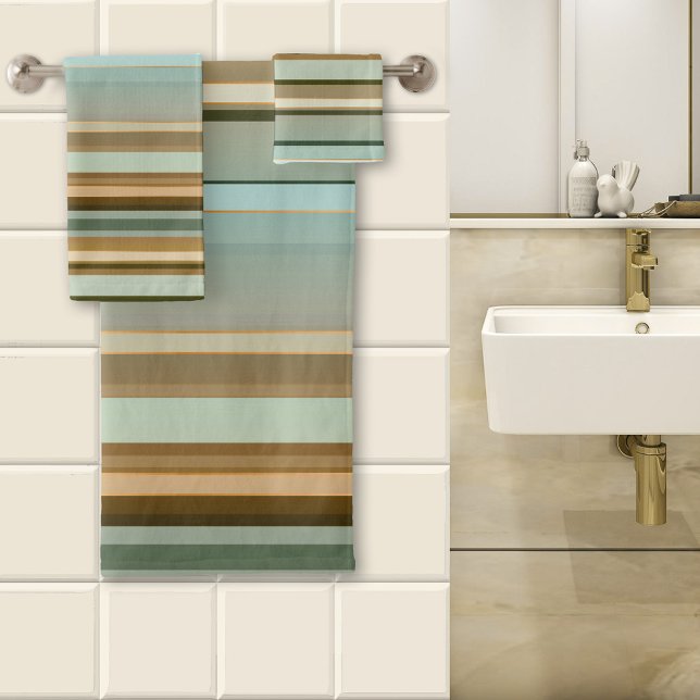 Elegante patrón de rayas multicolor inspirado en l (A lovely striped bathroom towel set in a variety of nature inspired colors with tiny rose gold lines)