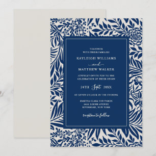 Elegante patrón floral vintage   Invitación azul