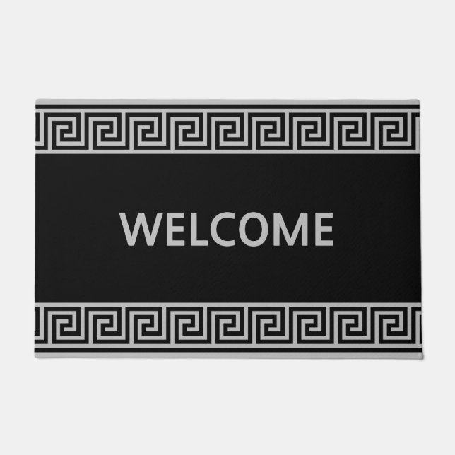 Elegante patrón griego gris en felpudo negro (Anverso)