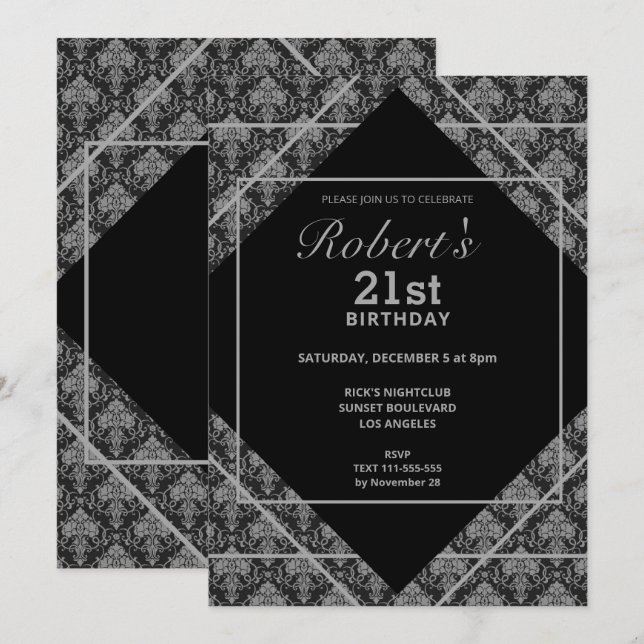 Elegante Patrón Negro Invitación de cumpleaños 21 (Anverso / Reverso)