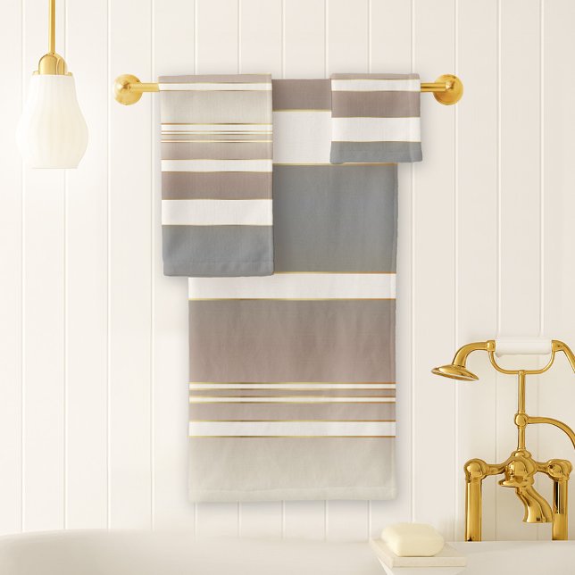 Elegante patrón rayado de arena fina (Striped bathroom towel set in a variety of beige and grey with ivory and tiny gold printed lines)