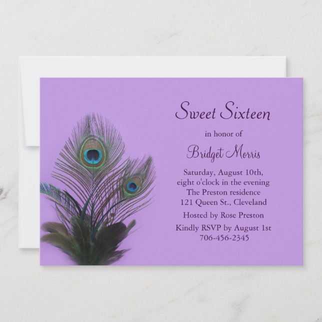 Elegante pavo real dulce dieciséis invitaciones mo (Anverso)
