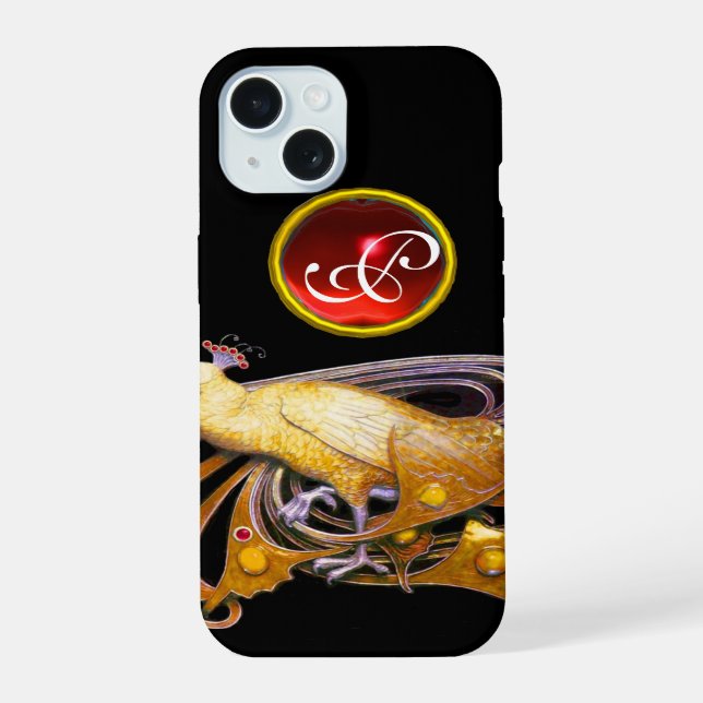 ELEGANTE PAVO REAL EN AMARILLO, MONOGRAMA DE RUBÍ (Reverso )