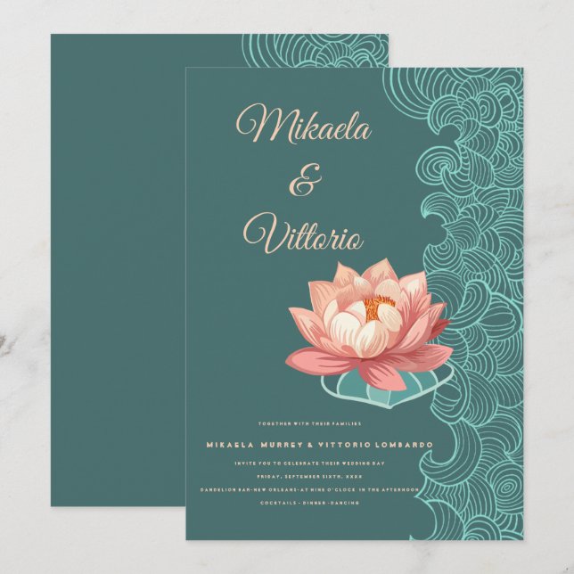 Elegante Peach Lotus En Invitación De Boda Verde a (Anverso / Reverso)