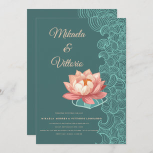 Elegante Peach Lotus En Invitación De Boda Verde a