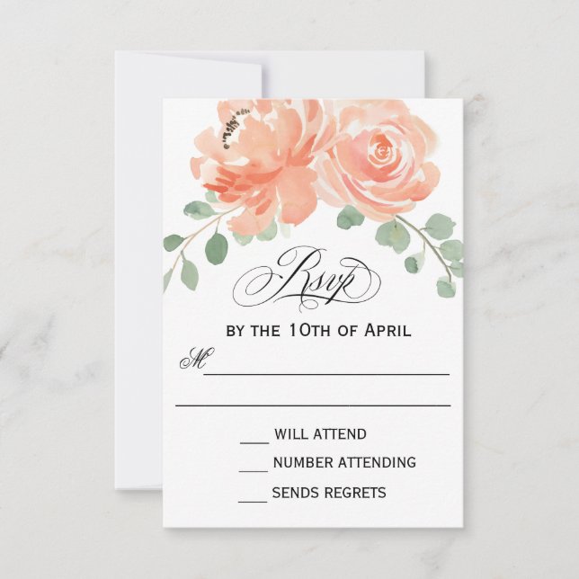 Elegante Peach Watercolor Floral Wedding RSVP (Anverso)
