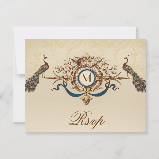 Elegante Peacock Monograma Vintage Wedding Tarjeta (Anverso)