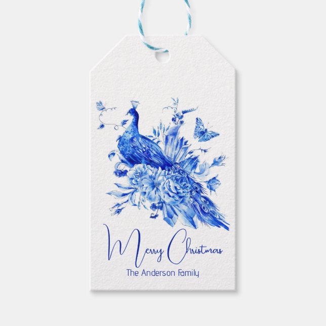 Elegante Peacock Navidades personalizados etiqueta (Anverso)
