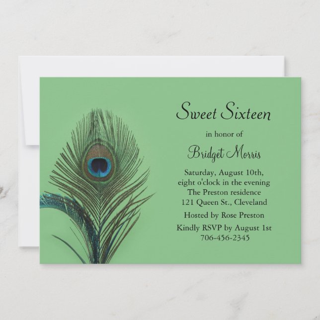 Elegante Peacock Sweet Dieciséis Invitaciones verd (Anverso)