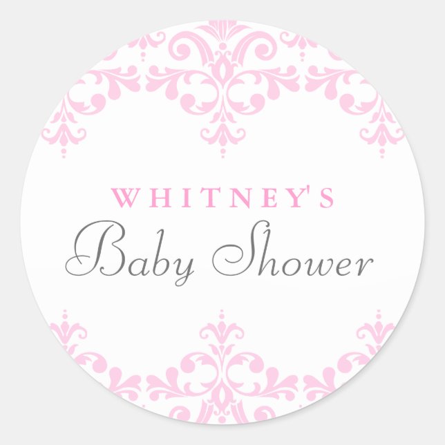 Elegante Pegatina Baby Shower de Damasco Blanco y  (Anverso)