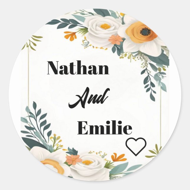 Elegante Pegatina Boda de flores clásicas (Anverso)