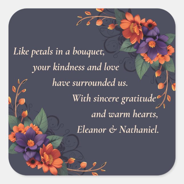 Elegante Pegatina Boda de Gratitud Floral Gótica (Anverso)