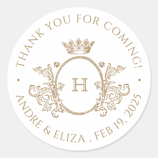 Elegante Pegatina Boda de Monograma de Oro Antiguo (Anverso)
