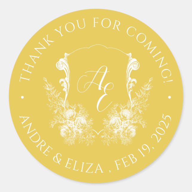 Elegante Pegatina Boda de Monograma Dorado (Anverso)