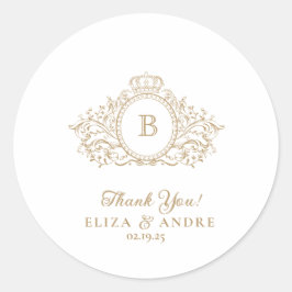 Elegante Pegatina Boda Escudo Monograma Dorado