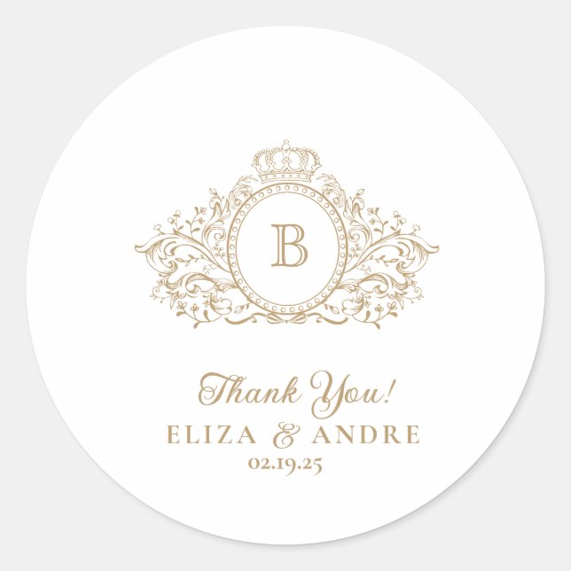 Elegante Pegatina Boda Escudo Monograma Dorado (Anverso)