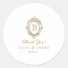 Elegante Pegatina Boda Escudo Monograma Dorado