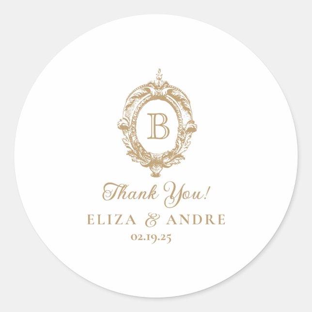 Elegante Pegatina Boda Escudo Monograma Dorado (Anverso)