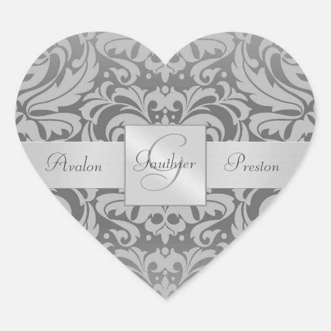 Elegante Pegatina Boda Gray Damask Heart (Anverso)