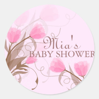 Elegante Pegatina de Baby Shower con flores rosada