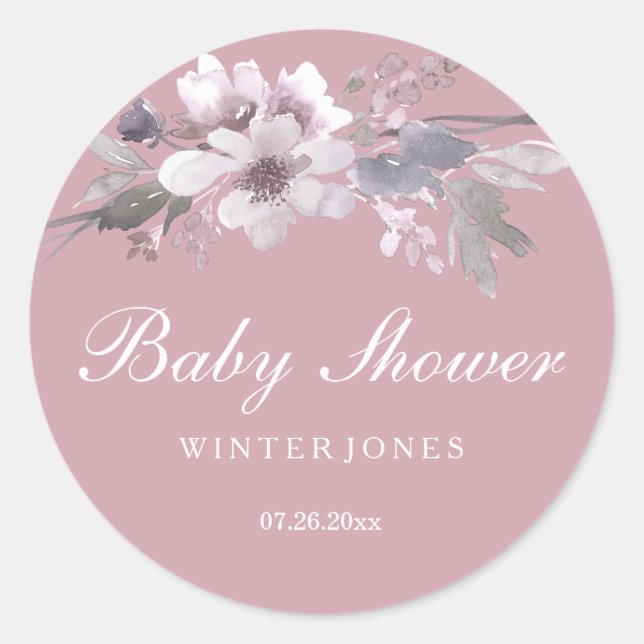 Elegante Pegatina de Baby Shower con flores rosada (Anverso)