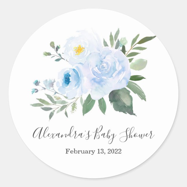 Elegante Pegatina de Baby Shower Floral Azul (Anverso)