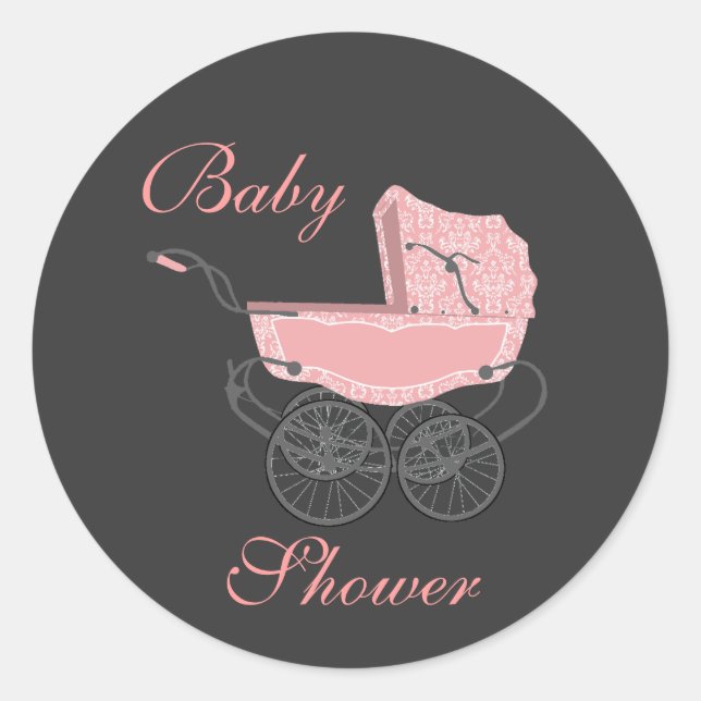 Elegante Pegatina de Baby Shower gris y rosa (Anverso)