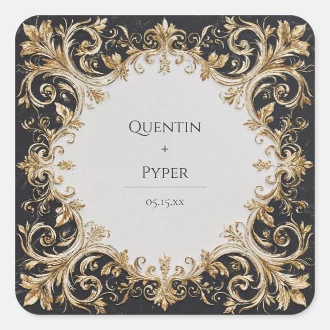 Elegante Pegatina de Boda de pergamino negro y oro (Anverso)