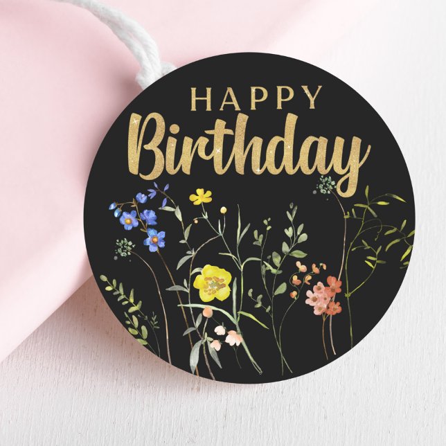 Elegante Pegatina de la Ronda de Flores Silvestres (Elegant Happy Birthday Wildflowers Round Sticker Mockup 1)