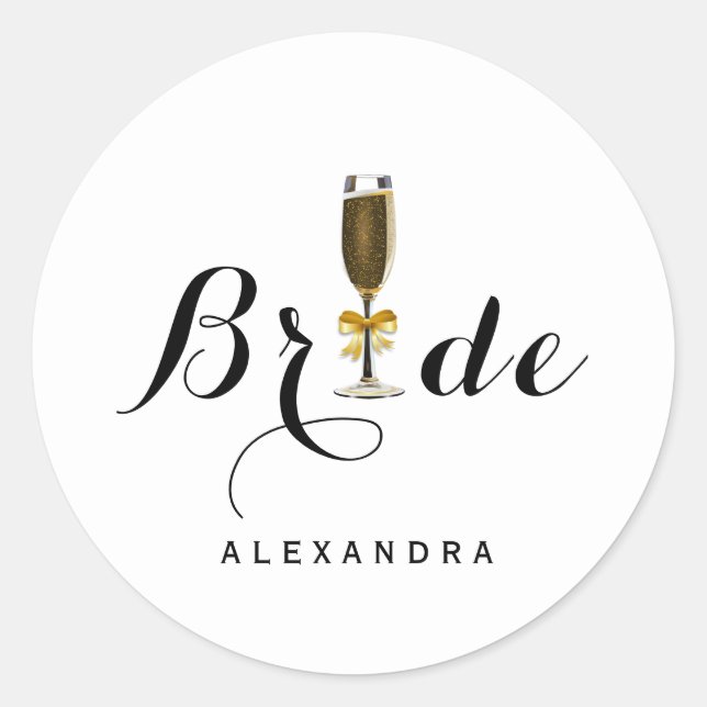 Elegante Pegatina de Novia de Vidrio de Champagne (Anverso)