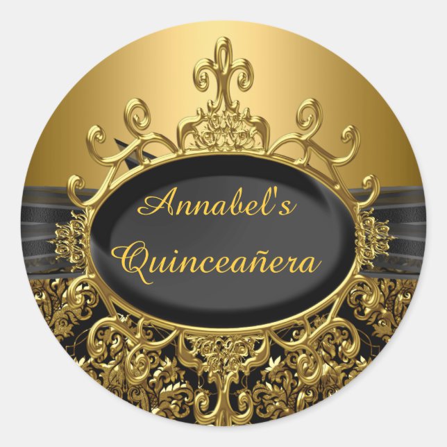 Elegante Pegatina de Quinceanera de Damask Black & (Anverso)